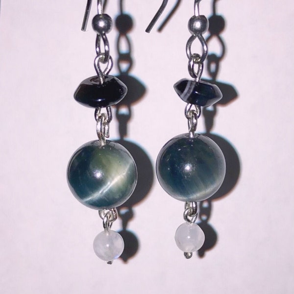 Midnight Dangler Earrings: Genuine Hawk Eye, Onyx, and Moonstone Chain