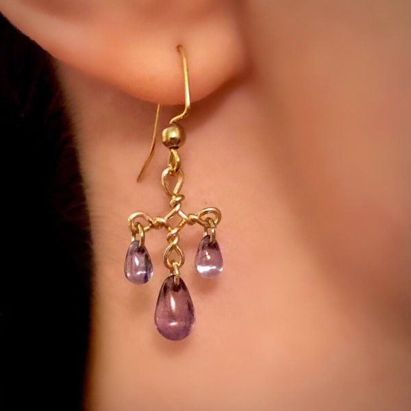 Celtic Cross—Amethyst Glass Teardrop and Golden Wire Earrings Design II