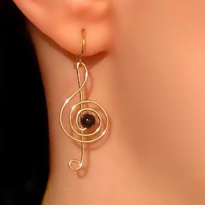 Treble Clef G-clef Musical Earrings Garnet or Glass Center Bead