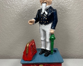 11 Working Reproduction Mechanical Coin Bank Patriotic Gift Vintage Cast Iron UNCLE SAM Bank Door Stop Push Nail Head /& Sam Drops Coin