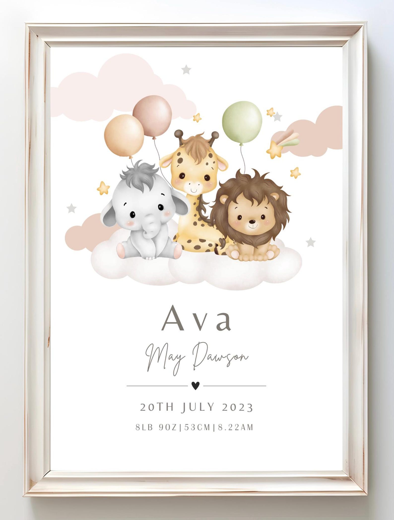 Birth Details Print, Safari Animals Print, Baby Name Print, New Baby ...