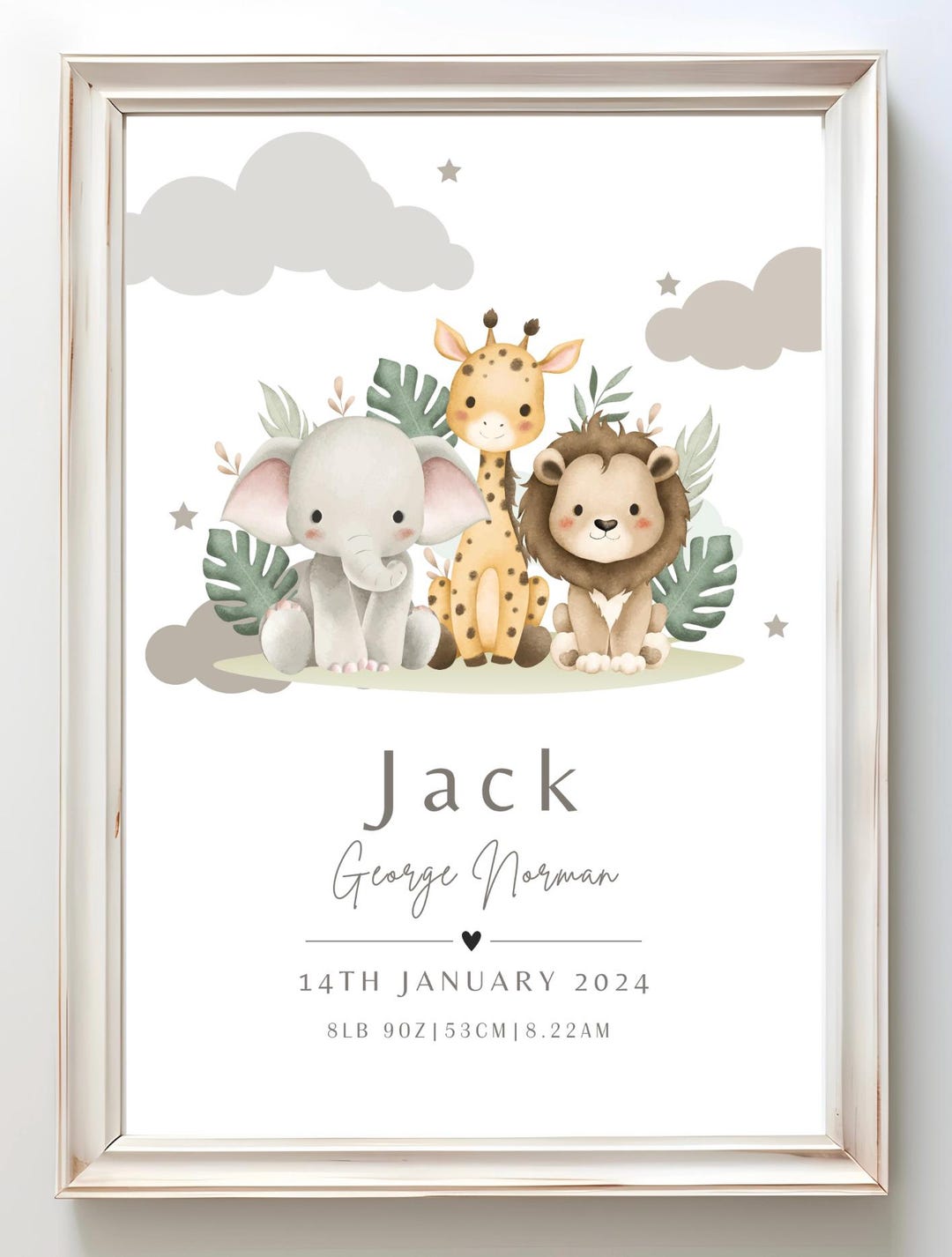 Birth Details Print, Safari Animals Print, Baby Name Print, New Baby ...