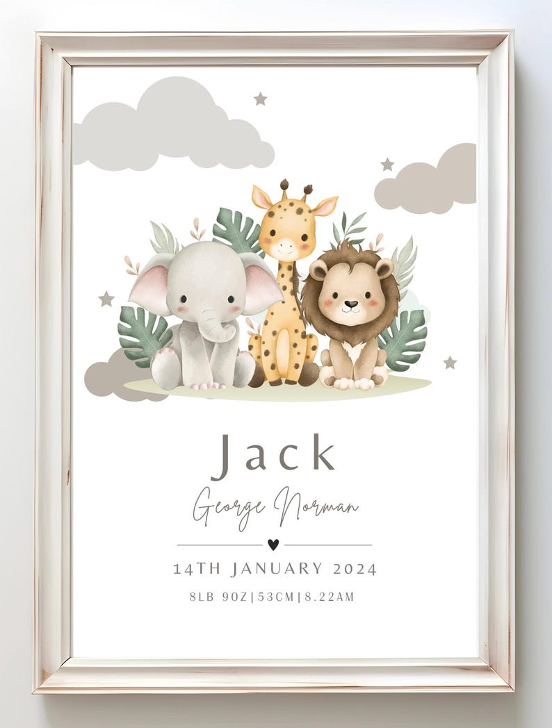 Birth Details Print, Safari Animals Print, Baby Name Print, New Baby ...