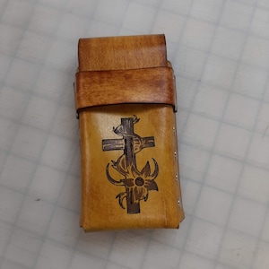 Leather Cigarette Case, Cross and Flower, Hand Made