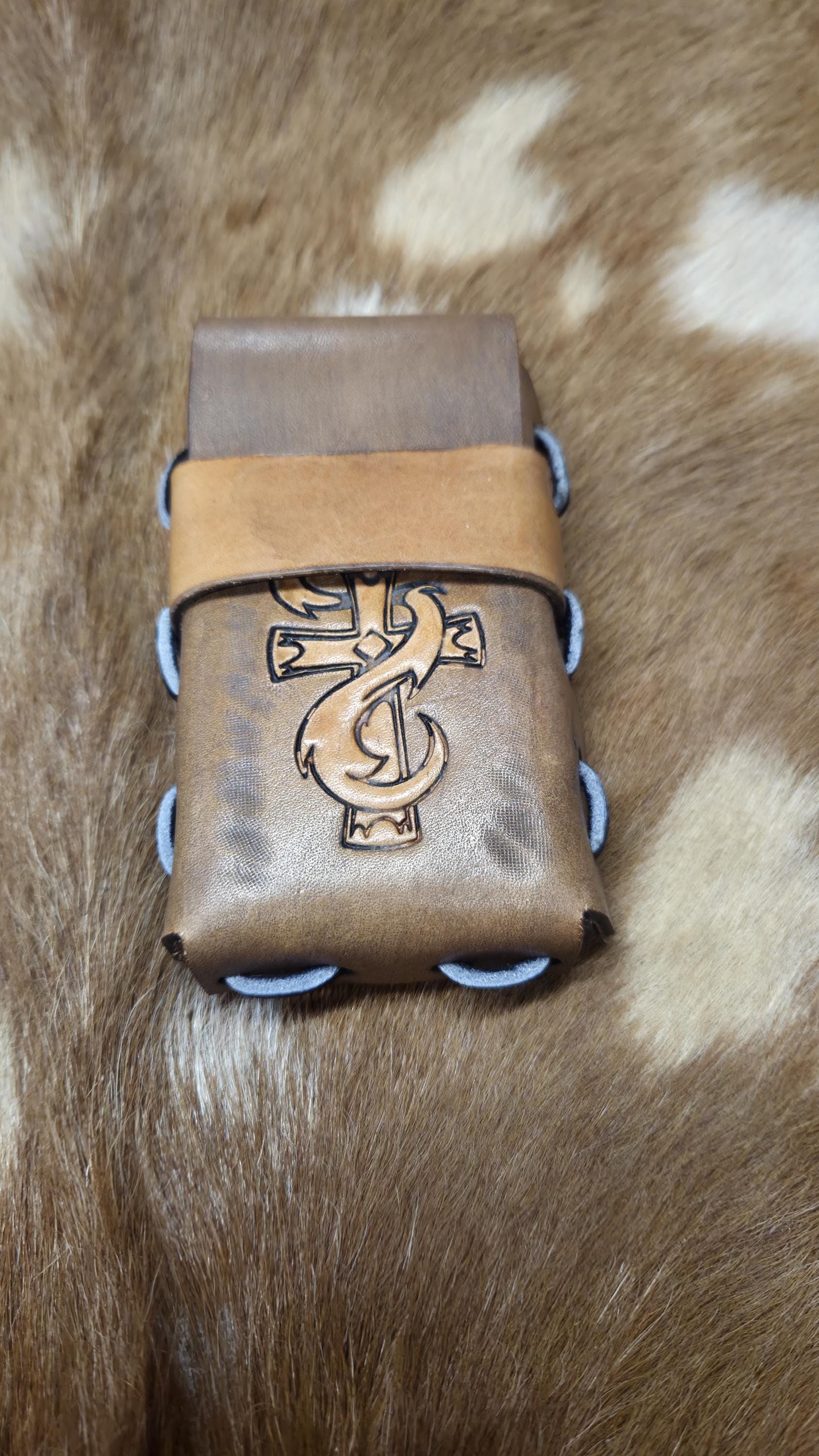 Handmade Leather Cigarette Case Tooled Cross Design Brown Tan Vintage Gift for Smokers