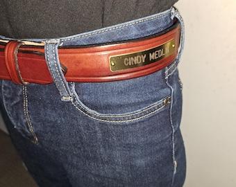 1 1/2 inch wide English Bridle leather belt With Nameplate in Chestnut Brown or Black