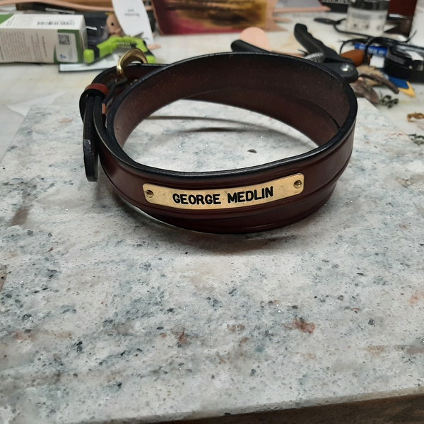 Handmade Chestnut Brown English Bridle Leather Belt with Brass Nameplate - Custom Engraved Equestrian Accessory