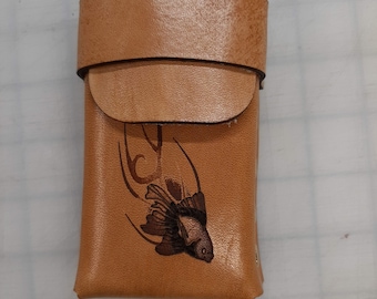 Leather Cigarette Case, Tan with Gold Fish, Hand Made