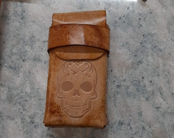 Leather Cigarette Case, Sugar Skull Plain, Brown, Hand Made