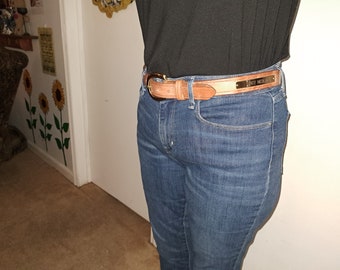 Russet Old World Harness Leather Belt with Personalized Name engraved on a Solid Brass Plate