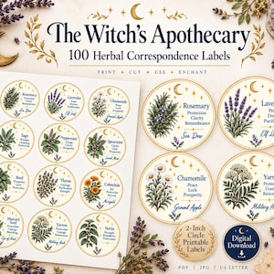 May include: A sheet of circular labels titled The Witch's Apothecary 100 Herbal Correspondence Labels, featuring botanical illustrations of rosemary, lavender, chamomile, sage, peppermint, spearmint, basil, thyme, calendula, mustard seed, yarrow, and nettle.
