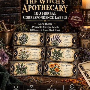 Peut inclure: Un ensemble de téléchargement numérique de 100 étiquettes de correspondance à base de plantes intitulé The Witch's Apothecary. Les étiquettes rectangulaires présentent des illustrations botaniques de romarin, lavande, camomille, sauge, menthe et souci.