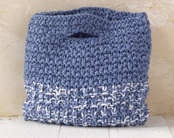 Hand Knit Blue and White Tote Bag: Lightweight Travel Handbag