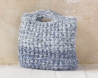 Hand Knit Tote Bag: Blue Waves Yarn, Elegant Structure