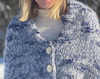 Hand Knit Wool Shawl: Blue Cream Button Front Wrap