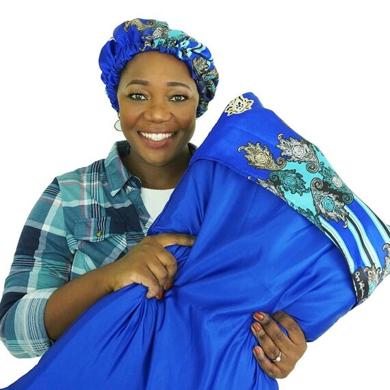 Satin Bonnet Pillowcase Set Chain Link Print Hair Protection Sleep Set Lori Blue Etsy