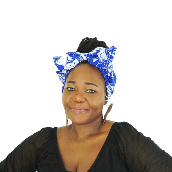 Handmade Ankara Bow Headband, African Print Headwrap - Blue & White