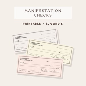 May include: Three printable manifestation checks in different colors: pink, beige, and yellow. Each check features the text "The Abundant Universe" and the words "Pay to the order of" and "Memo".