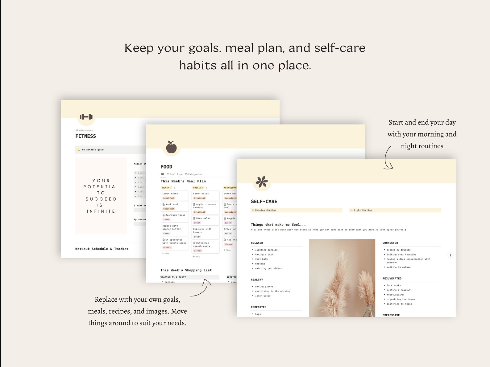 Health and Wellness Notion Planner | Daily Self-care, Fitness, and