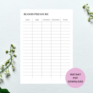 May include: A printable blood pressure log with columns for date, time, systolic, diastolic, and pulse. The log is designed to help track blood pressure readings over time.