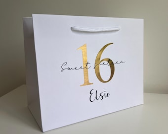Bolsa de regalo para cumpleaños de 16 años, bolsa personalizada para cumpleaños de 16 años, bolsa de regalo para adolescentes, bolsa de regalo de cumpleaños personalizada, bolsa blanca con nombre personalizado