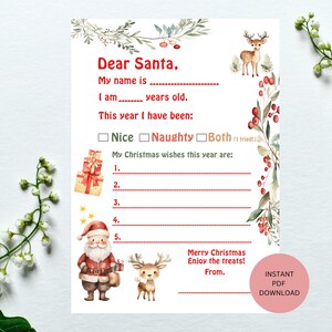 Carta a Papá Noel para imprimir, carta fácil de imprimir a Papá Noel, plantilla de carta a Papá Noel, lista navideña para descargar al instante en formato PDF imprimible