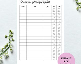 Christmas Gift List Printable, Christmas Shopping List instant download, Xmas Present List Gift Plan Checklist, Gift Tracker PDF A4