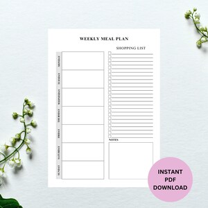 Planificateur de repas imprimable, Planificateur de repas hebdomadaire, Modèle imprimable de liste de courses, Plan de menu, Planificateur de nourriture/repas, Planificateur PDF imprimable A4
