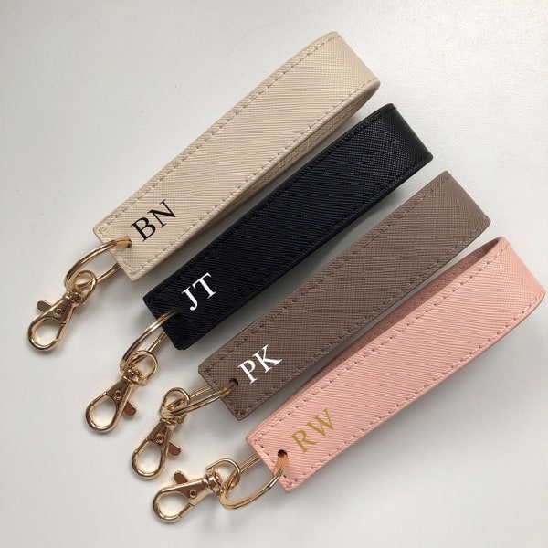 Personalised Wristlet Keyring, monogrammed strap key ring, initials gift, personalised gift, loop car keychain, faux saffiano leather