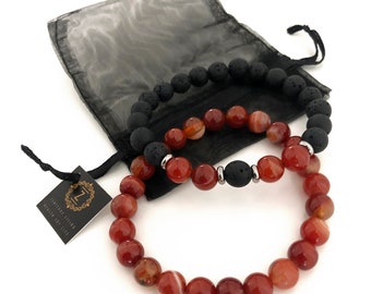 Set of 2 Fire Element Bracelets 8mm, Red Agate semi precious stone Bracelet, Lava Volcanic Stone Beads, Fire Signs Zodiac Bracelets gift