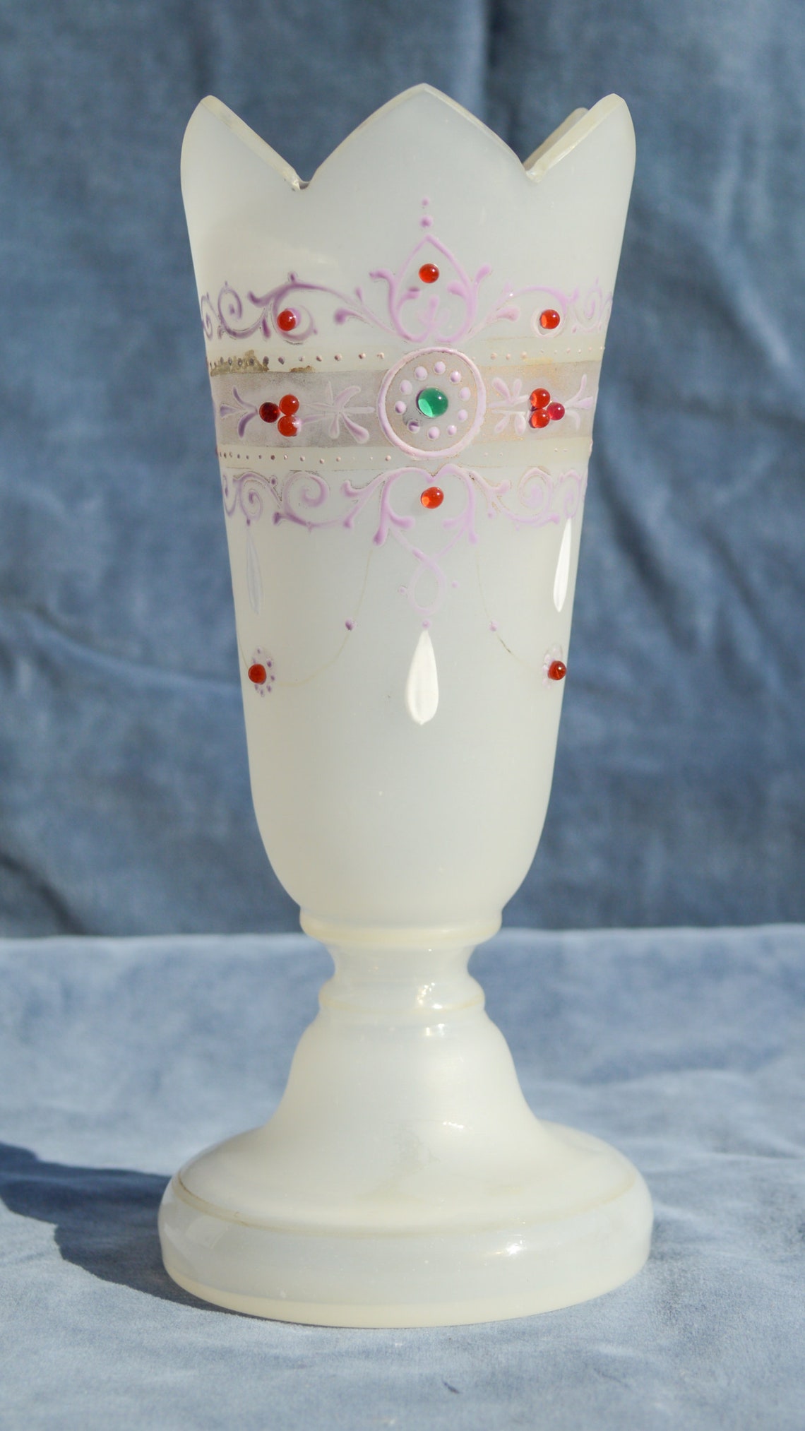 Victorian Frosted Bristol Glass Vase W/ Red and Green Beads Etsy UK