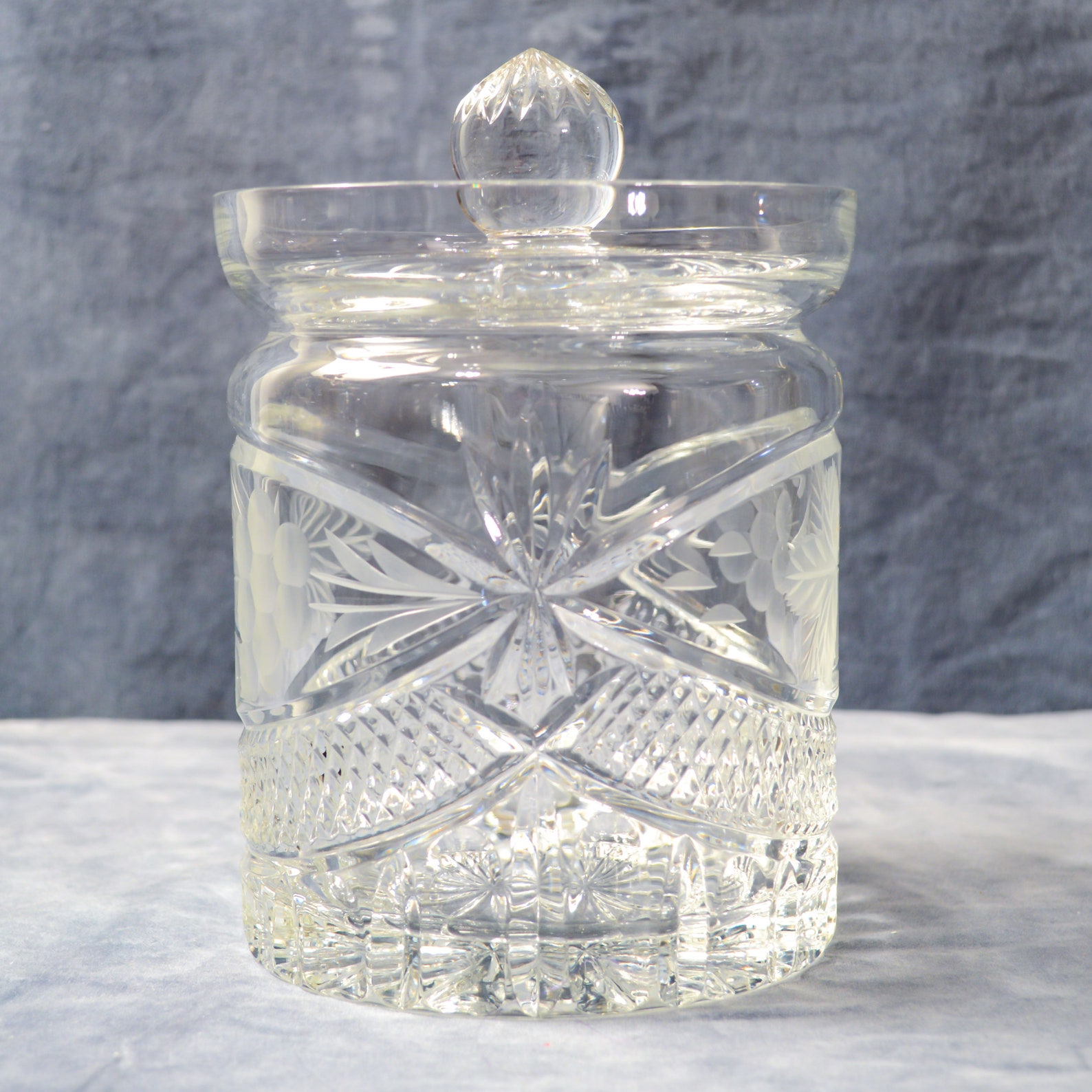 Cut Crystal Biscuit Jar W/ Lid and Grape Etching Etsy