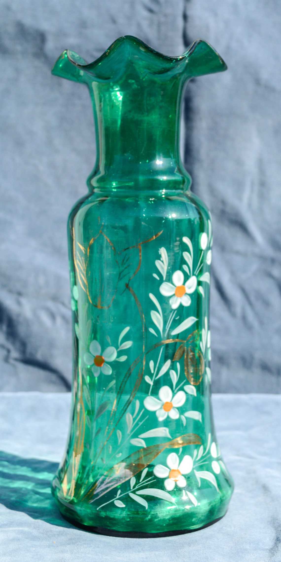 Victorian Bristol Glass Vase Emeral Green W/ Floral Overlay Etsy