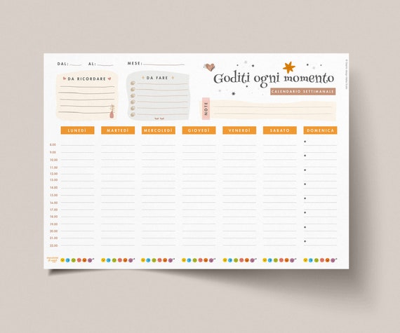 Calendario settimanale organizzazione del tempo - planner settimanale - weekly planner printable