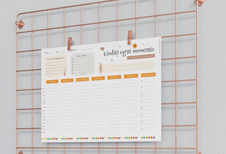 May include: A weekly planner with the text "Goditi ogni momento" is clipped to a rose gold wire grid. The planner has sections for notes, to-do lists, and a daily schedule. The grid is mounted on a light gray wall.