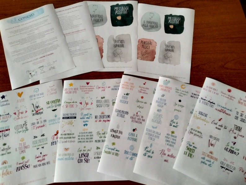 May include: A set of printable sheets with motivational quotes in Italian. The sheets feature watercolor backgrounds with floral designs. The quotes are printed in black and white text. The sheets are titled "Messaggi Positivi" and "Il Barattolo della Felicita".