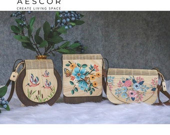 Vintage wooden handbag with green flowers for summer, stylish wooden bag for girl personality, birthday gift, summer accessories | By AESCOR
