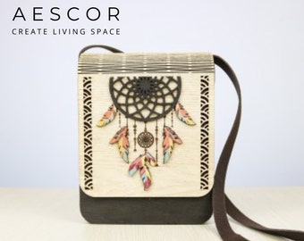 Unique Dreamcatcher pattern wooden handbag for active summer Stylish wooden bag for girl personality, birthday gift accessories | By AESCOR