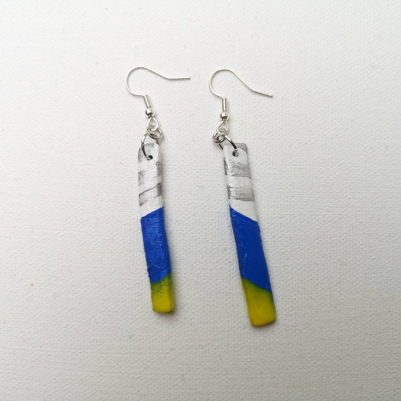 Colorful clay earrings I Long yellow blue silver earrings I Handmade jewelry
