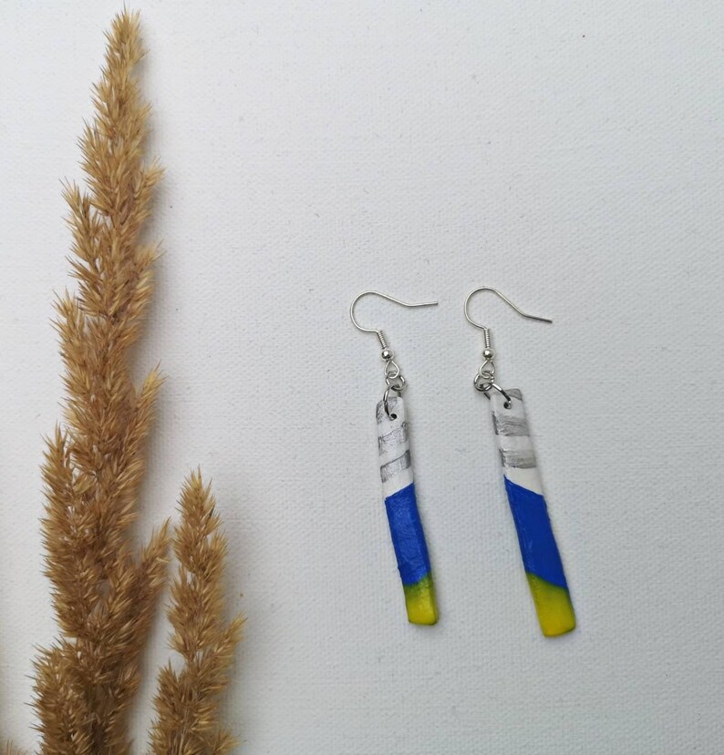 Colorful clay earrings I Long yellow blue silver earrings I Handmade jewelry