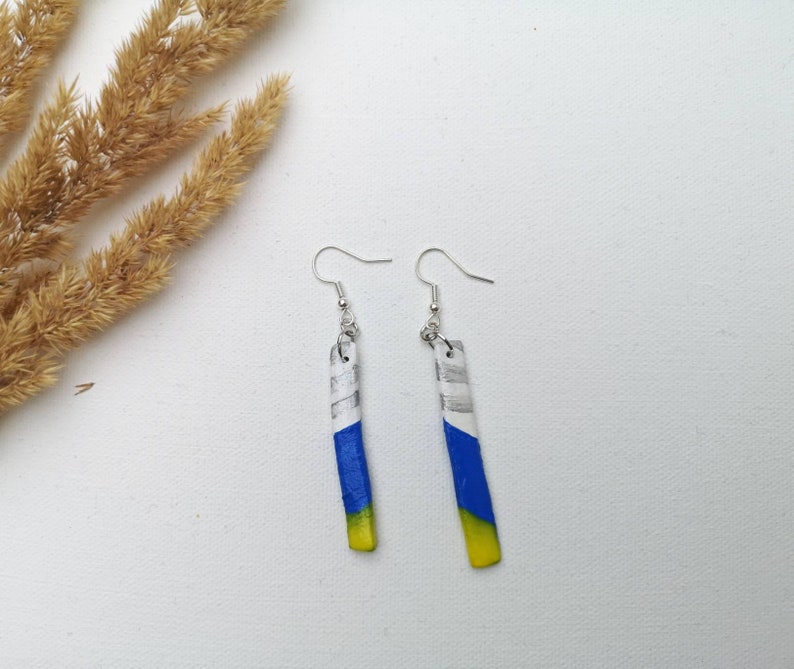 Colorful clay earrings I Long yellow blue silver earrings I Handmade jewelry