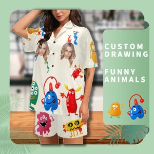 Customized Women&#39;s Pajama Set, Short Sleeve Shorts V-Neck Pajamas, Gifts for Mom, Personalized Home Pajamas, Funny Face Set