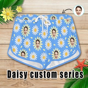Custom sports shorts-Small daisy print,Face text customization, a gift for her