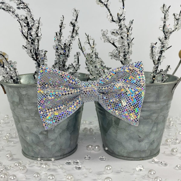Sparkling metallic silver bow tie for dogs, cats, rabbits, ferrets, horses, other pets, babies, children, and adults