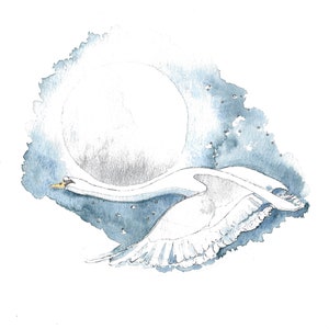 Arte ad acquerello del cigno/ Tema del cigno/ Luna piena/ Biglietto vuoto fatto a mano unico/ Solo per dire/ Regno Unito/ Biglietto di auguri di Stratford-upon-Avon