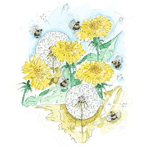 Hommelkunst| Geïnspireerd door de natuur| Handgemaakte Love Bees-wenskaart | Ambachtelijk | Paardebloemtekening| FSC-gecertificeerd| Unieke aquarelkunst