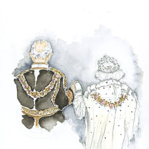 Coronation King Charles III in Tribute to Her Late Majesty The Queen Elizabeth II Portrait| Royal| A4 Pen, Ink and Watercolour Giclee Print