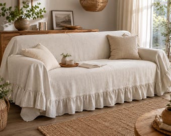 Natural Handmade Ruffle Sofa Cover, Linen Couch Slipcover, Farmhouse Boho Living Room Throw, Beige Linen Blend Coverlet