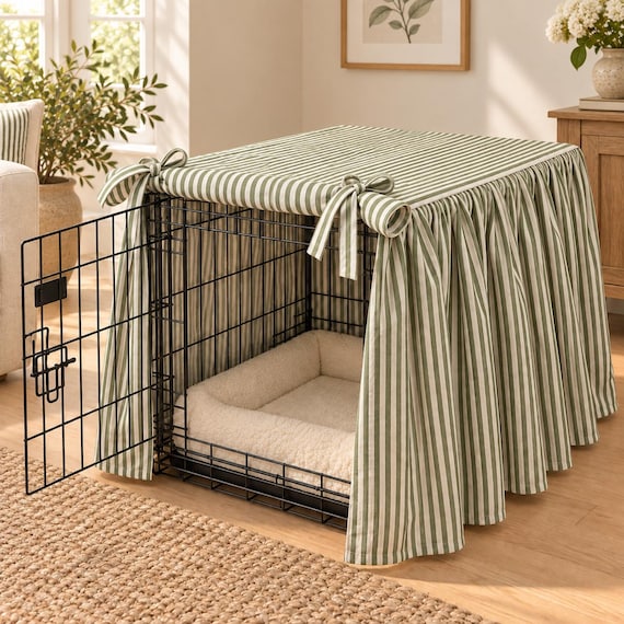 Dog and Cat Crate Cover, Cotton Linen Pet Cage Curtain, Custom Size Decorative Kennel Skirt, Farmhouse Pet Decor, Striped