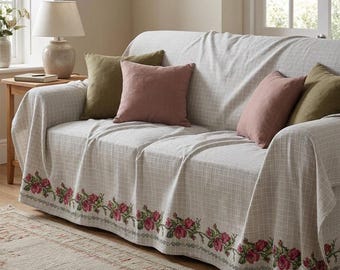 Red Embroidered Sofa Cover, Organic Cotton Couch Cover, Handmade Floral Slipcover, Farmhouse Boho Living Room Throw